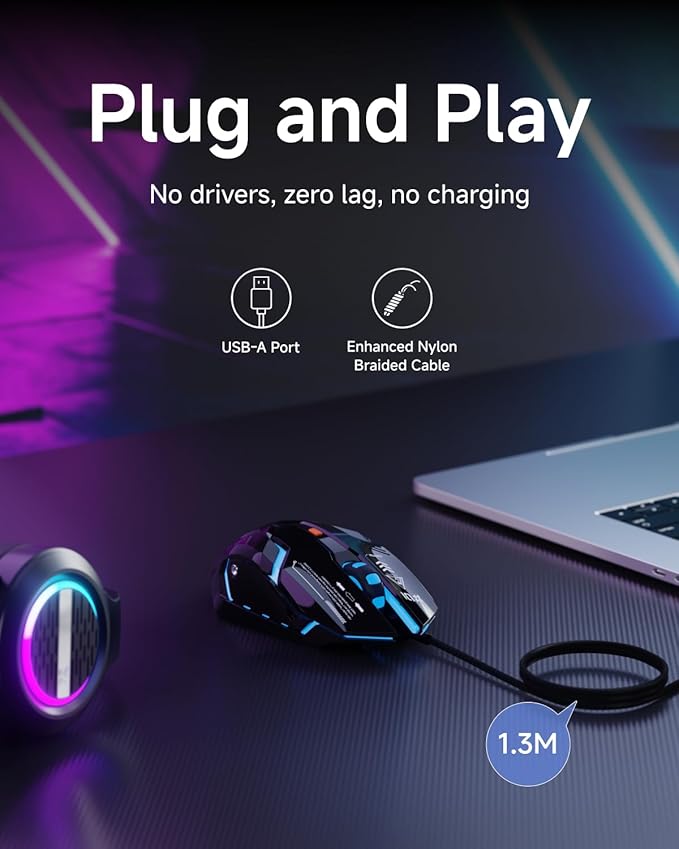 EWEADN G10 Wired Gaming Mouse, Computer Mouse with RGB Backlit, 3200 DPI Adjustable, Quiet Clicks, Ergonomic Mouses with 6 Buttons and 4.2FT Cord, USB Mouse for PC/Win/Laptop, Black