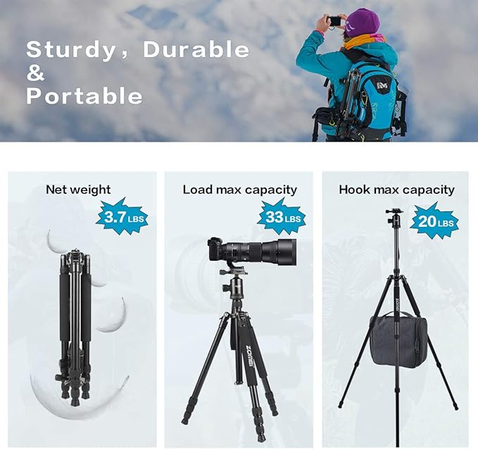 ZOMEI Tripod,Camera Tripod,Lightweight Camera Travel Z818 Tripod Aluminium Alloy Monopod with 360 Panorama Ball Head Quick Release Plate Ball for DSLR Canon Sony Nikon Cameras(Black)