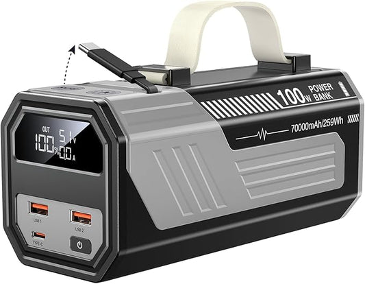 Laptop Power Bank,70,000mAh Portable Charger with 100W USB-C Ports, Built-in and Retractable Cables,100W Input, Fast Charging for MacBook Pro/Air/iPhone 16/iPad Pro/Galaxy S25 Ultra and More