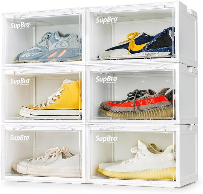 SupBro Led Collection Crate - Voice Control - Easy Access Storage Shoes box, Stackable Shoe Storage with clear plastic door for sneakers - (10.4 x 13.2 x 8.1 inch (6pack), White)