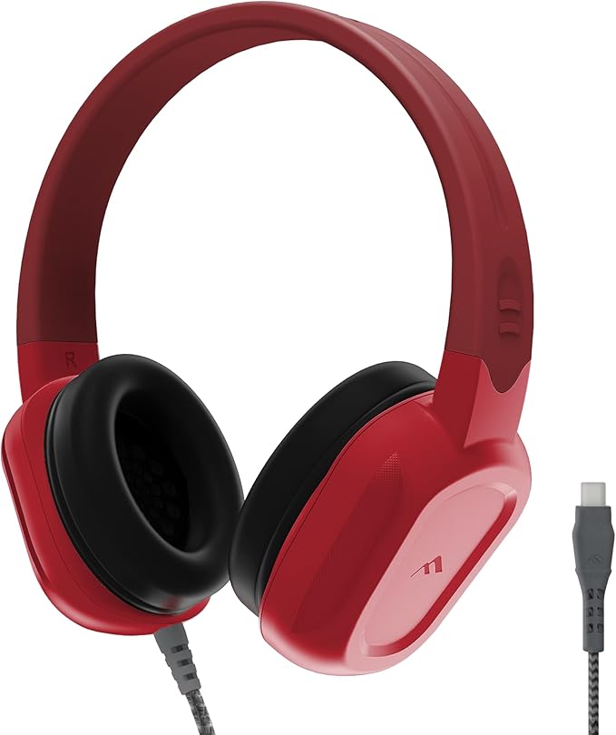 Brenthaven Headphones Wired | USB C On-Ear Rugged 2 Adjustable Headphones with Long Tangle Free Cord - Lightweight Durable and Drop Tested School Supplies for Kids Travel and K-12 Students - Red