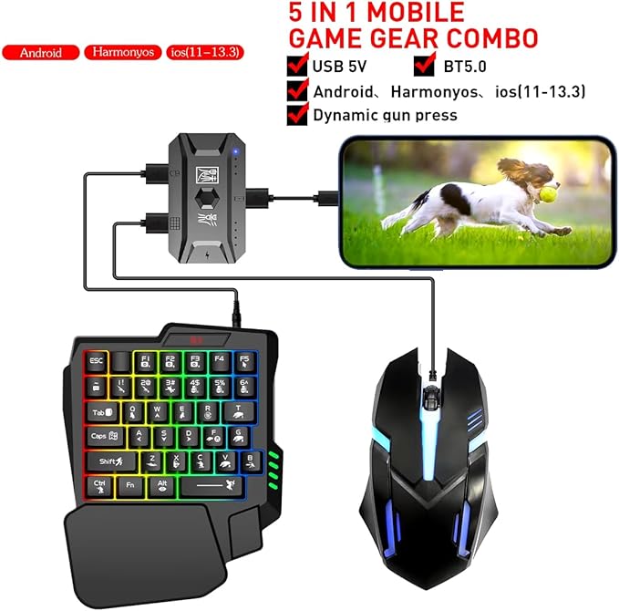 One Handed Gaming Keyboard and Mouse Combo, with Gaming Mouse Converter, Rainbow Backlit 25 Keys Portable Small Mechanical Feel Keyboard Support Customize Button, for Android, PC Gamer