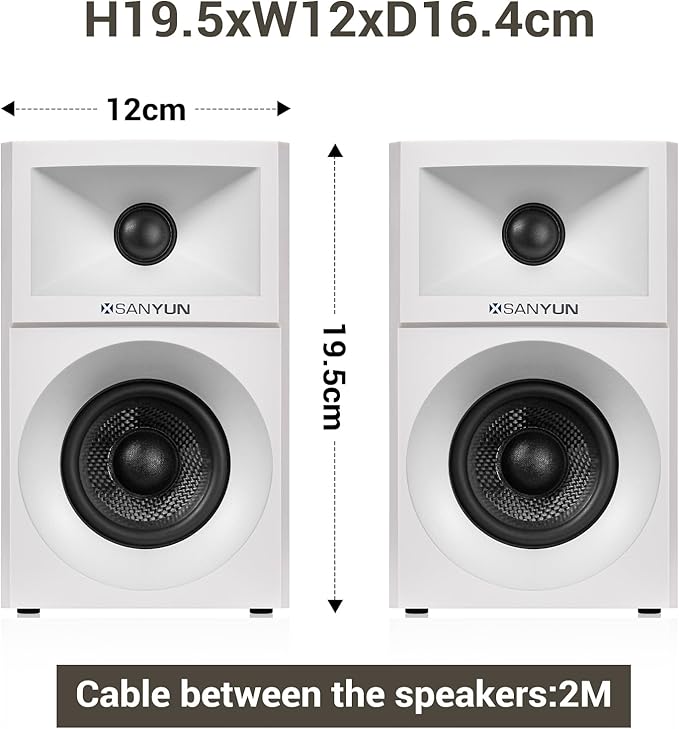 Sanyun SW203 4.0 Computer Speakers - 60W 4-Way DSP Control 3D Immersive Sound - 3" Carbon Fiber Woofer & 20mm Silk Dome Tweeter - 24bit DAC USB/Bluetooth 5.4/AUX - Studio-Grade Audio (Pair, White)