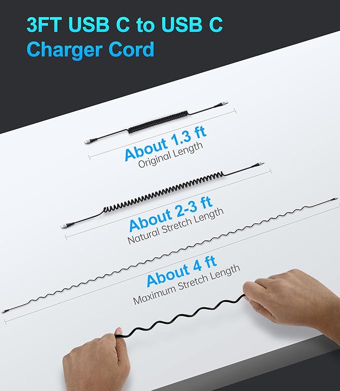 USB C to C Charger Cable [2-Pack 3FT], Coiled USB-C Cable for Car, Type C Fast Charging USBC to USBC Cable for iPhone 17/16/15/15 Pro/15 Plus/15 Pro Max/Samsung Galaxy S23 More USB C Devices