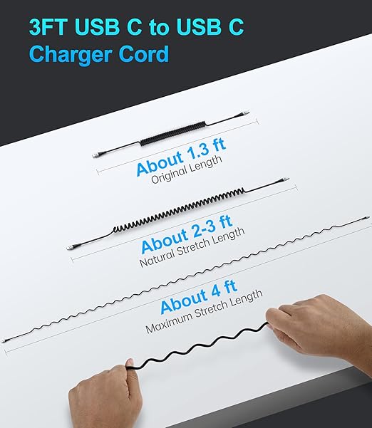 USB C to C 100W 3ft, 2Pack Coiled USB C Charger Cable for Car, Short Type C USBC Fast Charging Cable for iPhone 17/16/15/Pro/Plus/Pro Max/Samsung Galaxy S23, Compatible All Type C Devices