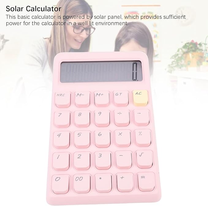 Pssopp Desktop Solar Calculator, Large 12-Digit Display Energy Efficient Tactile Press Keys Portable Standard Math Tool for Home Office Accounting (Pink)