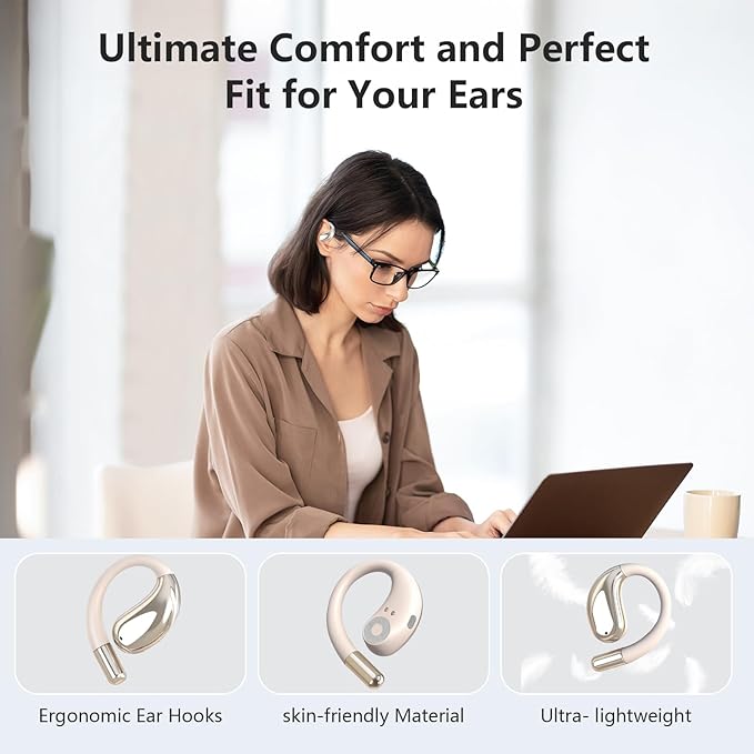 Open Ear Clip Wireless Earbuds Bone Conduction Headphones, Bluetooth 5.4,Open Ear Design,Built-in Mic, IPX5 Waterproof,LED Display Charging Case,Ear Hooks Ear Buds Design for Running Fitness ,Khaki﻿ ﻿