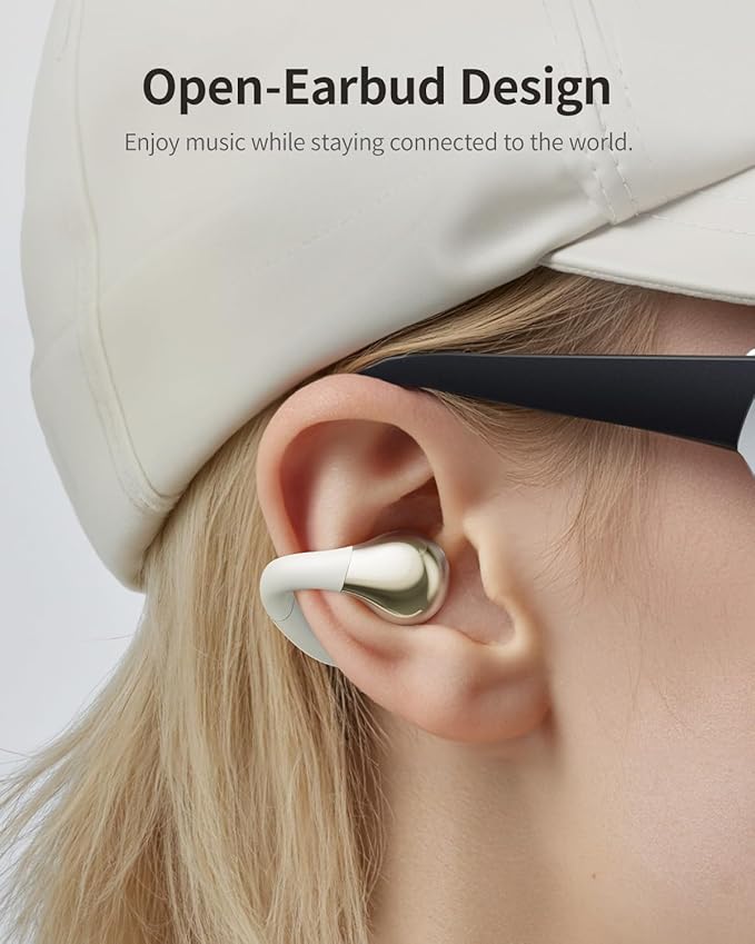 Open-Ear Earbuds, Clip-On Headphones, Open-Ring Comfort Wireless Bluetooth Earbuds, Dual Connection, 30H Playtime, Comfortable for Workouts and Daily Use, White