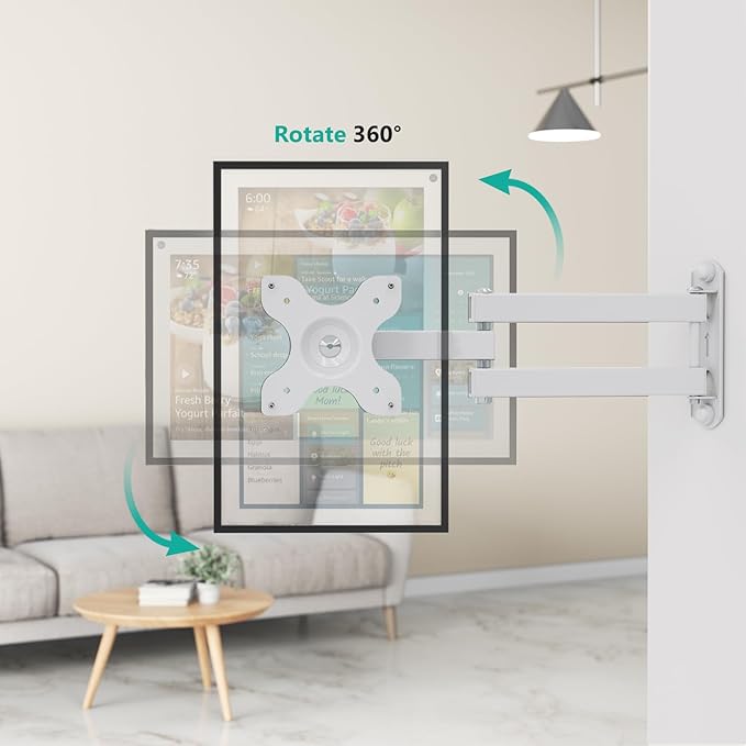 WALI Wall Mount for Echo Show 21, Echo Show 15, Adjustable Wall Mounting Bracket with Heavy Duty 15” Extension Arm, Rotate Tilt Swivel for Echo Show 21, Echo Show 15, Holds up to 33lbs, White