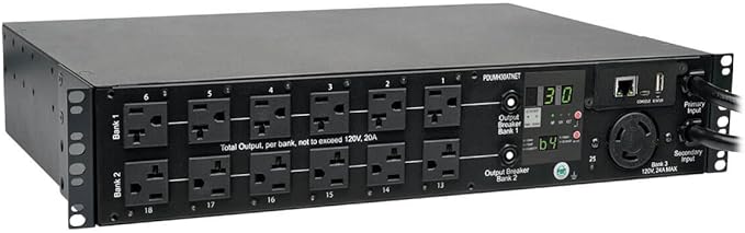 Tripp Lite 2.9kW Single-Phase ATS / Switched PDU, LX Platform Interface, 120V Outlets (24 5-15/20R, 1 L5-30R) 2 L5-30P, 2 10ft Cords, 2U Rack-Mount, TAA (PDUMH30ATNET),Black