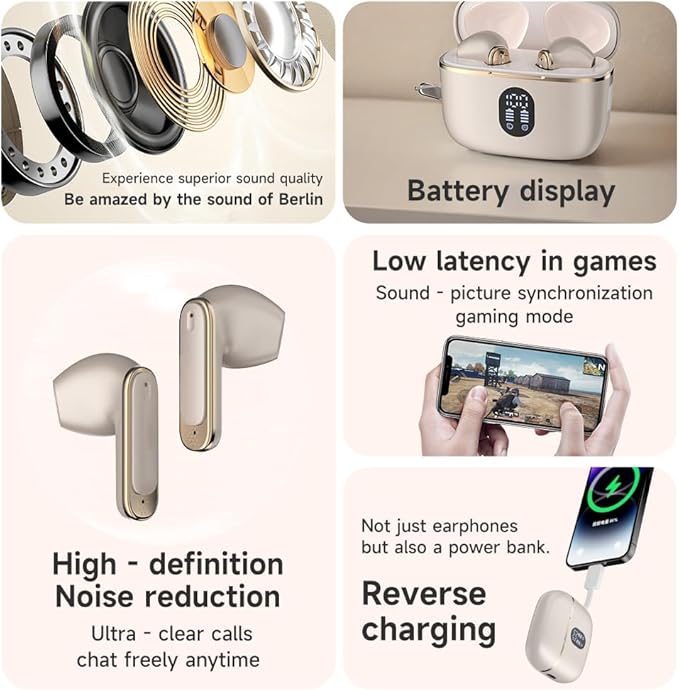 Wireless Earbuds Bluetooth 6.0 Headphones with LED Power Display and Power Bank Charging Case 50H Playtime IPX7 Waterproof in-Ear Ear Buds with Mic Deep Bass Earphones for iPhone Android Samsung