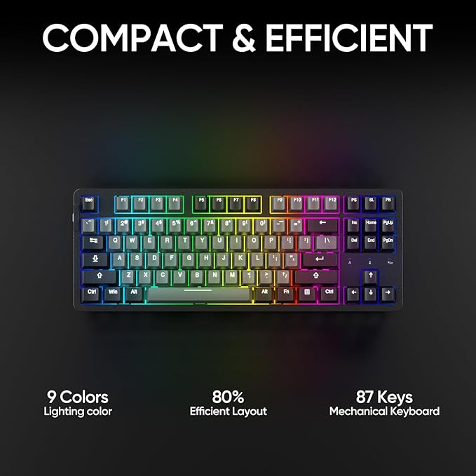 ARZOPA Wireless Mechanical Gaming Keyboard, 87 Keys RGB Backlit Gasket Mount PC Gaming, Compact Hot-Swappable Mechanical Keyboard, Sound Absorbing Pads, Custom Switch-K87