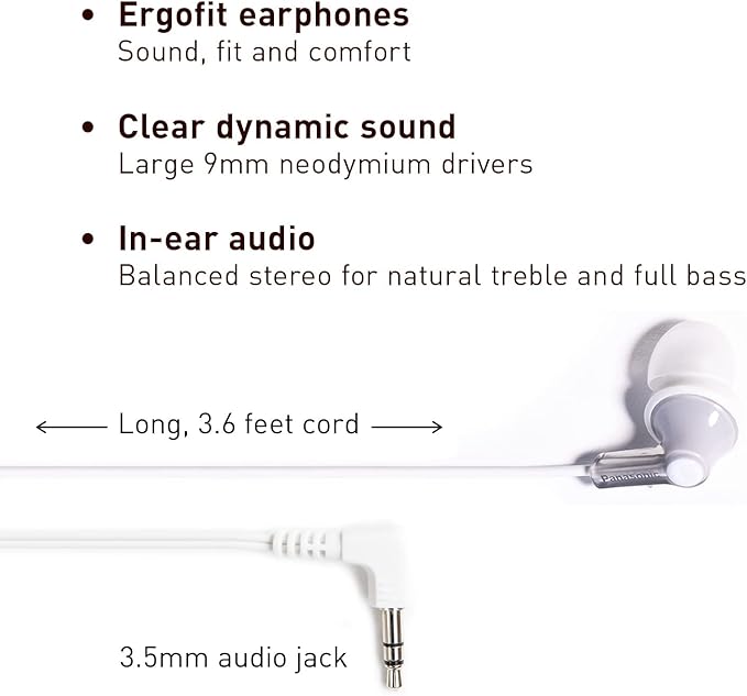 Panasonic ErgoFit Wired Earbuds, 3.5mm Jack In-Ear Headphones Wired with Dynamic Crystal-Clear Sound and Soft Ergonomic Custom-Fit Earpieces (S/M/L), for Phones and Laptops - RP-HJE120-S (Silver)