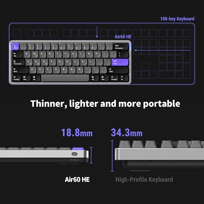 nuphy Air60 HE Rapid Trigger Wired Magnetic Gaming Keyboard,61 Keys 60% Compact,Actuation Point Adjustable, 8K Hz Polling Rate,Hall Effect Keyboard Low-Profile Magnetic Jade pro Switch