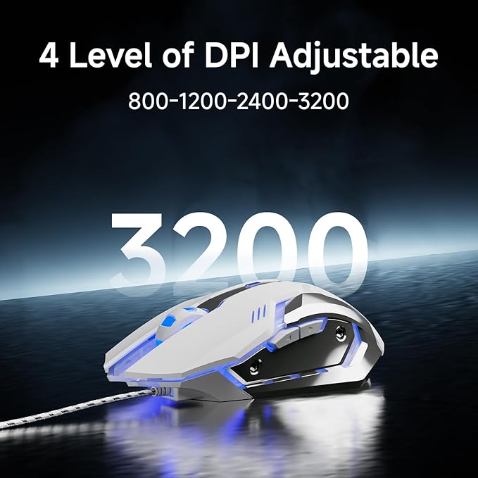 EWEADN G3 Wired Gaming Mouse, 2400 DPI Wired Optical Mouse with 6 Programmable Macro Buttons, Metal Base, 4-Color Breathing Light for PC/Laptop/Windows-White