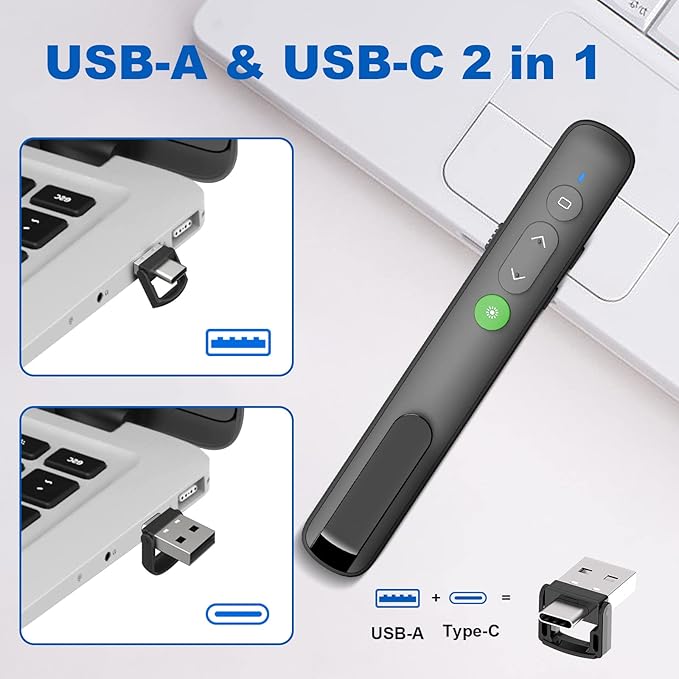 Presentation Clicker PowerPoint Wireless Presenter Remote: Rechargeable Green Laser Pointer Clickers USB A Type C Computer Mac Power Point PPT Slideshow Google Slide Advancer