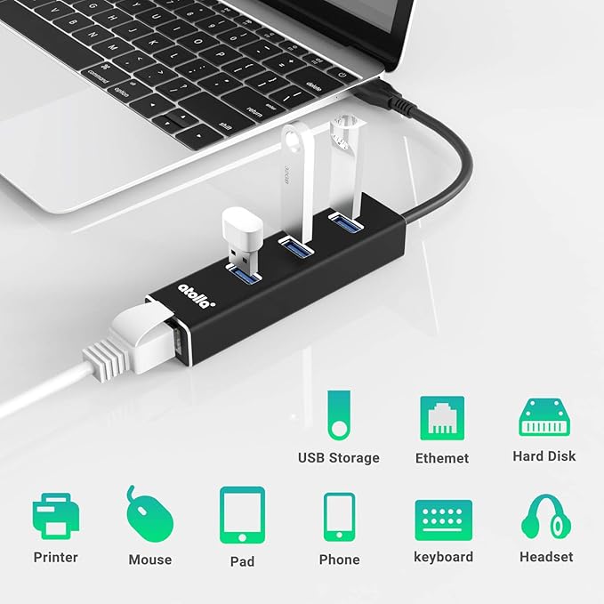 USB C to Ethernet Adapter 3-Port USB 3.0 Hub - 1000Mbps Gigabit RJ45 LAN Port, Driver-Free Aluminum Heat Dissipation for MacBook Pro/Dell XPS/Surface Laptop