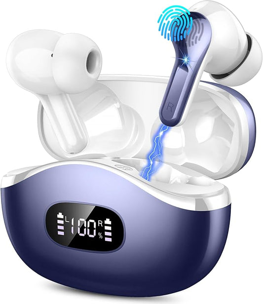 Wireless Earbud, Bluetooth 5.3 Headphones 40H Ear Bud in-Ear Bluetooth HiFi Stereo Sound with 4 Mics, IP7 Waterproof (Purple)