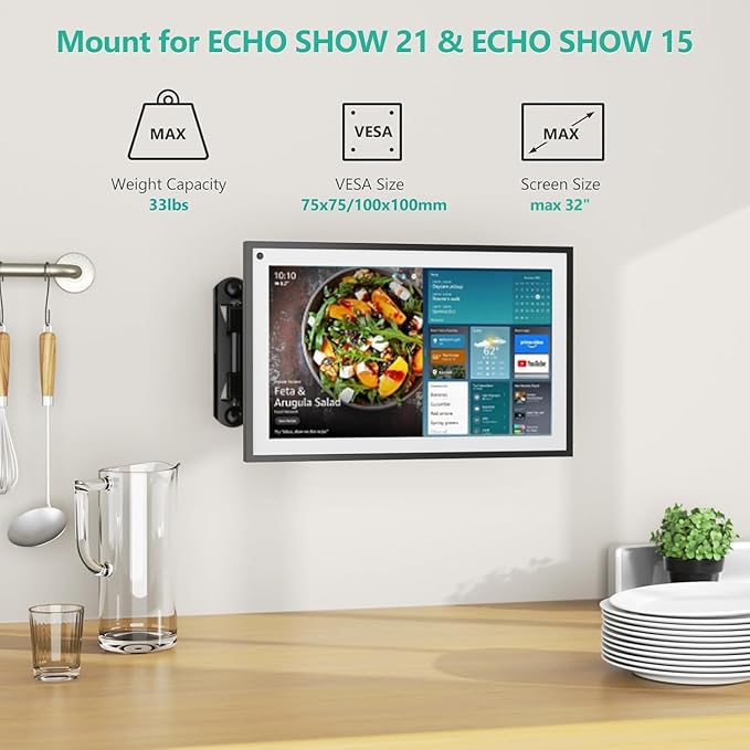 WALI Mount for Echo Show 21, Echo Show 15, Adjustable Wall Mounting Bracket with Heavy Duty 15” Extension Arm, Rotate Tilt Swivel for Echo Show 21, Echo Show 15, Holds up to 33lbs, Black