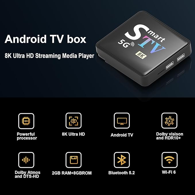 Streaming Media Player Converts Regular TV to Smart TV 4K Resolution Built-in Android 14.0 OS Quad-Core Processor WIFI6 Bluetooth Bluetooth Voice Remote 2GB+8GB Memory (M9-8K)