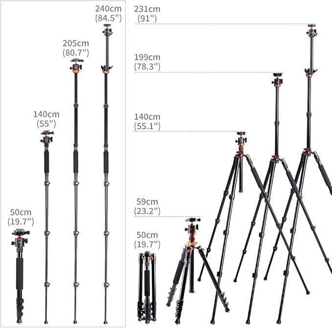 K&F CONCEPT 78 inch DSLR Camera Tripods with Magnesium Alloy Rotatable Multi-Angle Center Column,Load Capacity up to 22lbs/10kg K234A7+BH-28L+Extension Arm Kits
