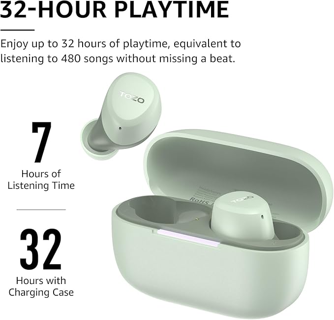 TOZO A1 Wireless Earbuds Bluetooth 5.3 Light Weight in Ear IPX5 Waterproof Headphones 2 Mic for AI Calls, Immersive Premium Sound Bass Headset with Charging Case, 32 Presets EQ Customization via App