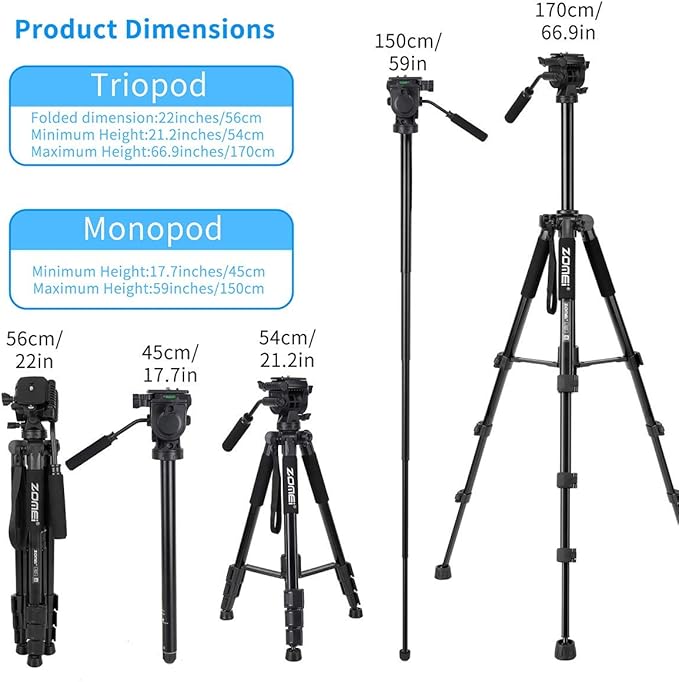 Fluid Head Video Tripod, Stable Tripod with 2-in-1 Monopod,1/4 inch Screws Fluid Drag Pan Head and Carry Bag for Nikon Canon Sony DSLR Cameras Video Camcorders
