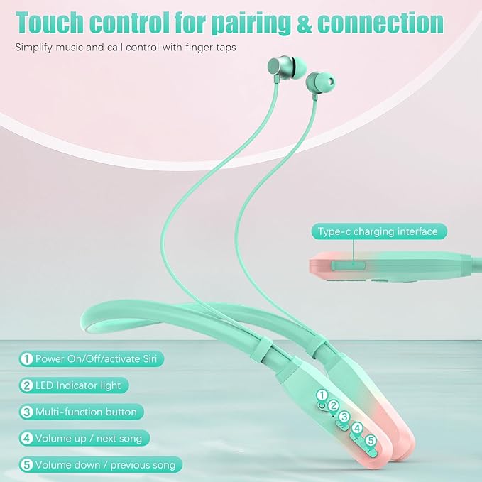 Neckband Bluetooth Headphones, 200H Extra Long Playtime Wireless Stereo Neckband Earbuds with Microphone, Waterproof Balanced Armature Drivers in Ear Headset for Sports/Workout (Pink Green)
