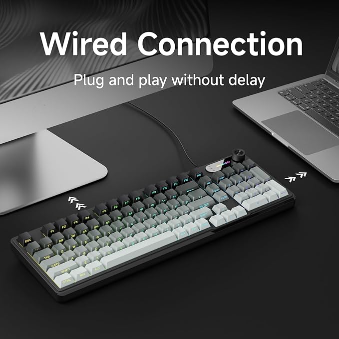 V102 Wired Keyboard, 98 Keys Creamy Gaming Keyboard with Number Pad, Display Screen & Media Knob RGB Silent Wired Cute Computer Keyboard for Laptop PC Gamer-Gradient Black