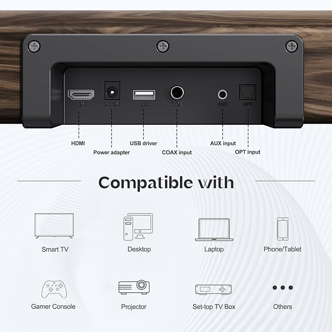 Soundbar, 100Watts-32 Inches Sound Bar for Smart TV, with 6 Built-in Speakers (2 Surround Bass),3EQ Modes, Bluetooth Sound Bar with HDMI(ARC), Optical, AUX, COA and USB Inputs (Wood Color)
