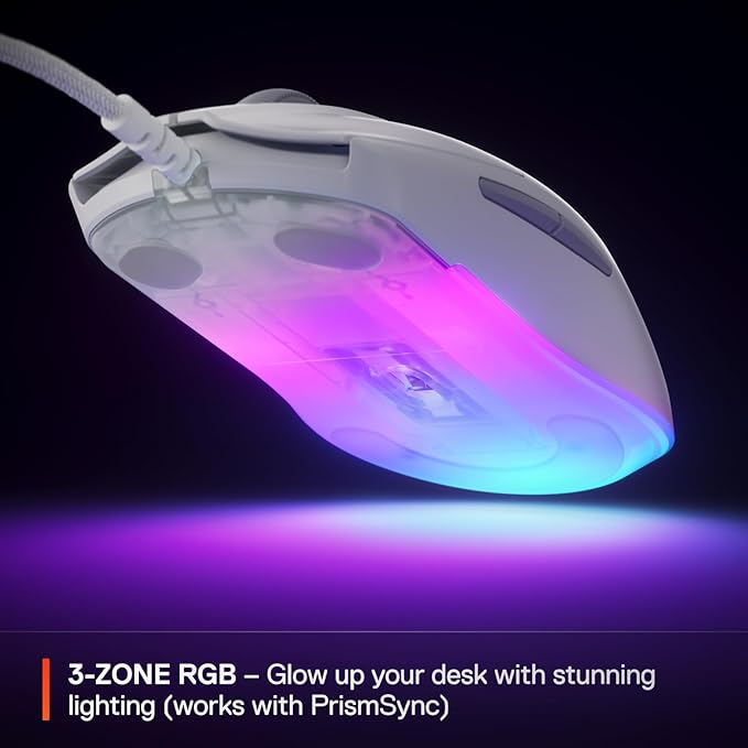 SteelSeries Rival 3 Gen 2 Gaming Mouse — 8500 DPI TrueMove Core Optical Sensor — 60 Million Click Durability — Low Latency — 77g Lightweight — 100% PTFE Feet — RGB — White