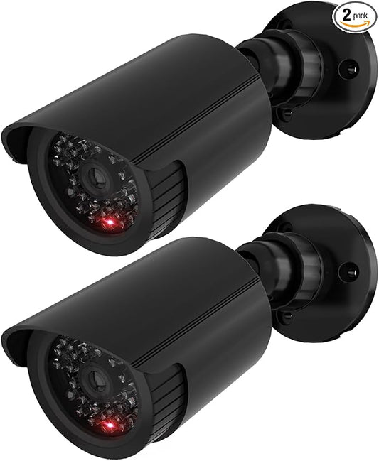 WALI Bullet Dummy Fake Surveillance Security CCTV Dome Camera Indoor Outdoor with One LED Light, Security Alert Sticker Decals (TC-B2), 2 Packs, Black