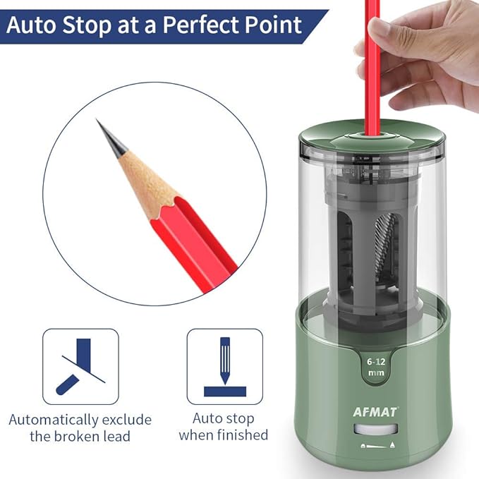AFMAT PS94 Electric Pencil Sharpener, Auto Stop, Super Sharp & Fast, Electric Pencil Sharpener Plug in for 6-12mm No.2/Colored Pencils/Office/Home - Green