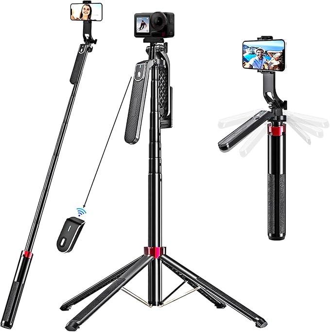 72" Cell Phone Selfie Stick Tripod,Smartphone Stand All-in-1 with Remote,Portable,Lightweight,Extendable for iPhone, Video Recording,Camera,Vlogging, Live Streaming,Black Aluminum