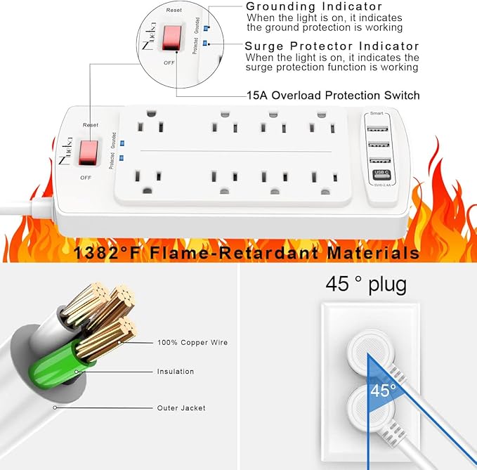 Surge Protector Power Strip - Nuetsa Flat Plug Extension Cord with 8 Outlets and 4 USB Ports, 10 Feet Power Cord (1625W/13A), 2700 Joules, ETL Listed, White