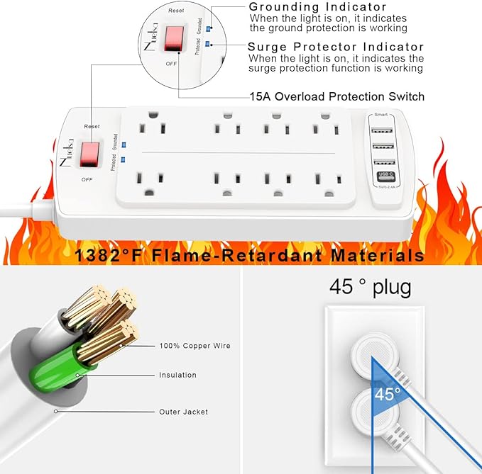 6FT Surge Protector Power Strip, Nuetsa Extension Cord with 8 Outlets and 4 USB Ports, 6 Feet Power Cord (1625W/13A), 2700 Joules, ETL Listed, White