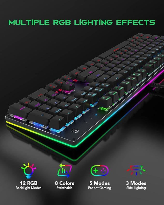 Black Shark RGB Mechanical Gaming Keyboard LED Backlit Wired Keyboard with Red Switches, Fully Programmable, Anti-Ghosting 104 Keys for Desktop PC, Sixgill K2