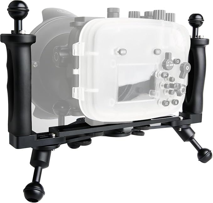 Dual Handle Underwater Camera Tray, Aluminum Alloy Video Stabilizer Bracket with 2 Joint Arms for Camera Housing and Video Light