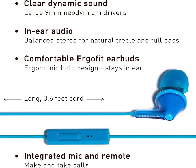 Panasonic ErgoFit Wired Earbuds With Microphone, 3.5mm Jack Wired Headphones with Mic and Call Controller, Ergonomic Custom-Fit Earpieces (S/M/L), for Phones and Laptops - RP-TCM125-A (Blue)