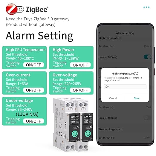 Zigbee 3.0 Smart Switch| 1‑63A Adjustable DIN Rail 1P+N| Support Tuya/Smart Life Remote Control| Over-Current Protection| Smart Home Real-time Energy Monitoring| Voice Control| FCC Certified