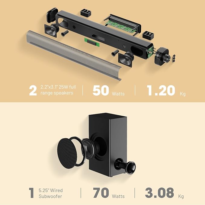 2.1CH Dolby Atmos TV Soundbar Speaker 5.3 Bluetooth 120W Output with 70W External Wired Subwoofer and Opt&AUX Cables,Deep Bass,Multiple Connection