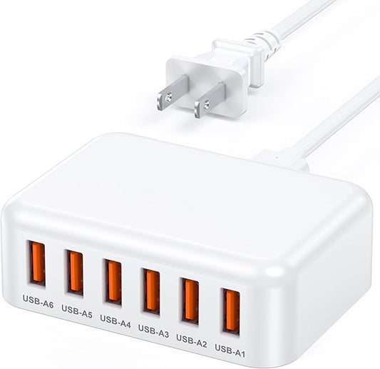 60W USB A Fast Charger Block, 6-Port Charging Station for Multiple Devices, Multi USB Wall Charger Power Strip Adapter Plug Cube Brick for iPad Pro iPhone 17 16 15 14 13 12 Pro Max Pixel Note Galaxy