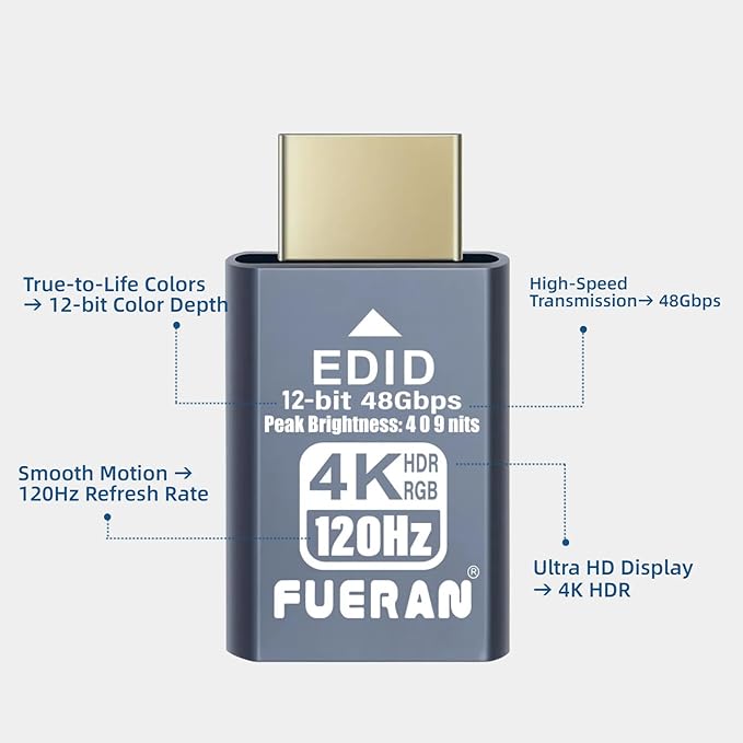 4K 120Hz HDMI 2.1 Dummy Plug – High-Resolution Virtual Display Emulator for PC, VR Headsets & Cryptocurrency Mining EDID Headless Ghost Display Adapter (4K/120Hz-HDR/12bits-9P)