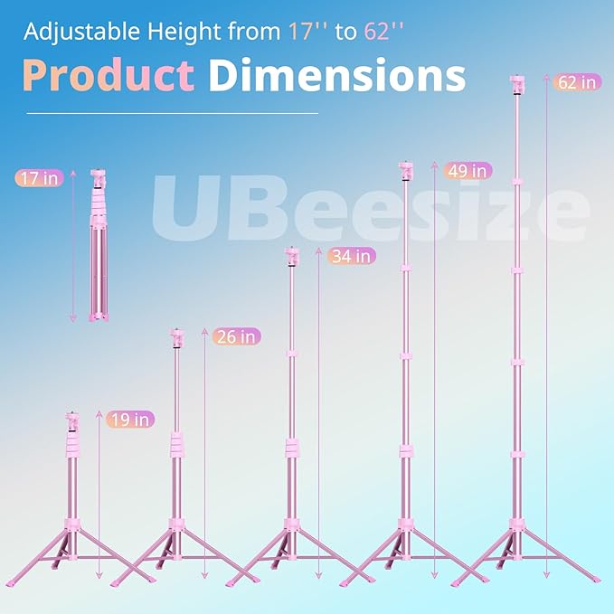 UBeesize 62" Phone Tripod & Selfie Stick, Camera Tripod Stand with Wireless Remote and Phone Holder,Compatible with iPhone Android Phone, Perfect for Selfies/Video Recording/Live Streaming Pink