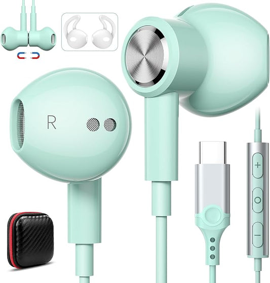 USB C Headphones for iPhone 17 Air 16e 16 Pro Max 15 Plus, Type C Headphone Wired Earbuds with Mic HiFi Magnetic Sport Earphone for iPad Pro Air Samsung Flip Fold 6 Galaxy S25 S24 S23 OnePlus 13 12 9