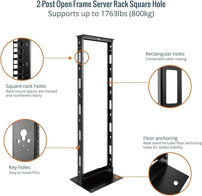 Tecmojo 38U 2-Post Open Frame Server Rack– 19" Network, Server, AV, Data & IT Equipment, Telecom & Patch Panel Mount, 1763 lbs Capacity, Black, Square Holes