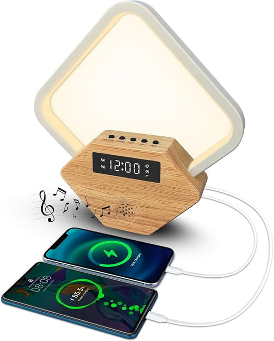 Wood Sunrise Alarm Clock with White Noise Machine 3 Color Night Light 15 Soothing Sounds Sleep Aid 30/60/90min Timer 10 Alarm Ringtones USB C PD Phone Charger Anniversary Birthday Gifts for Women Men