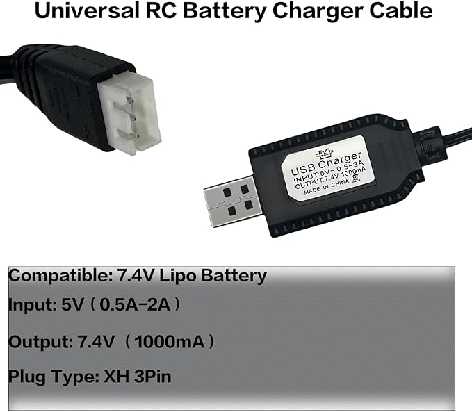 7.4V USB Charger Cable with XH-3Pin Plug Universal Compatible RC Car RC Plane RC Tank RC Boat and Other Remote Control Toys for Universal 7.4V Lipo Battery USB Charger with Battery Protection