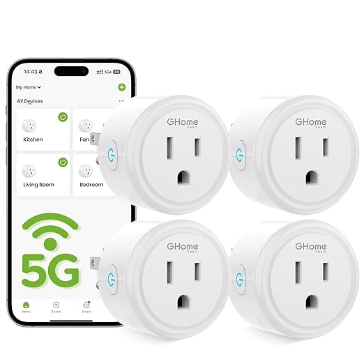 GHome Smart 5G 15A WiFi Smart Plug Compatible with Alexa and Google Home, Outlet Timer Smart Home WiFi Outlet Timer with Remote Control, 5GHz and 2.4GHz Wi-Fi Sockets, ETL FCC Listed, White, 4 Pack
