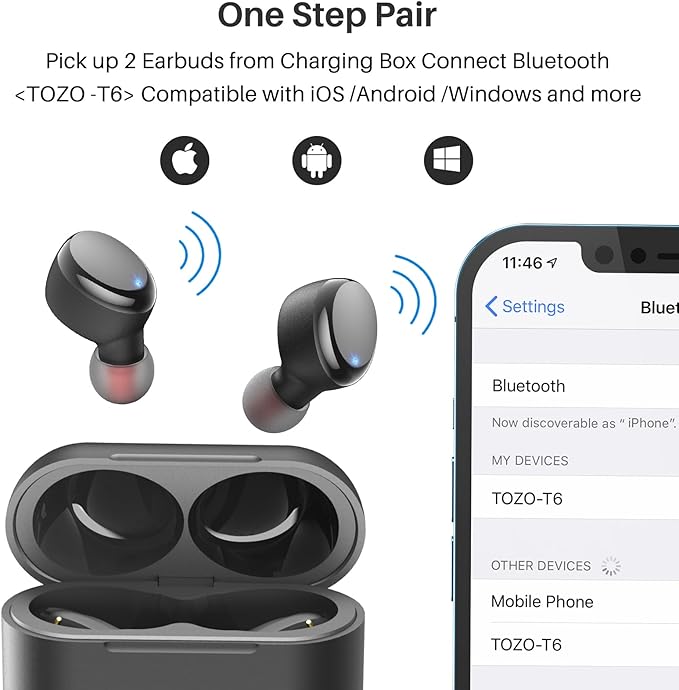TOZO T6 Wireless Earbuds, Bluetooth 5.3 Ear Buds, Stereo Sound in Ear Headphones, 50 Hours Playtime, Wireless Charging Case, APP Customizable EQs, IPX8 Waterproof Earphones
